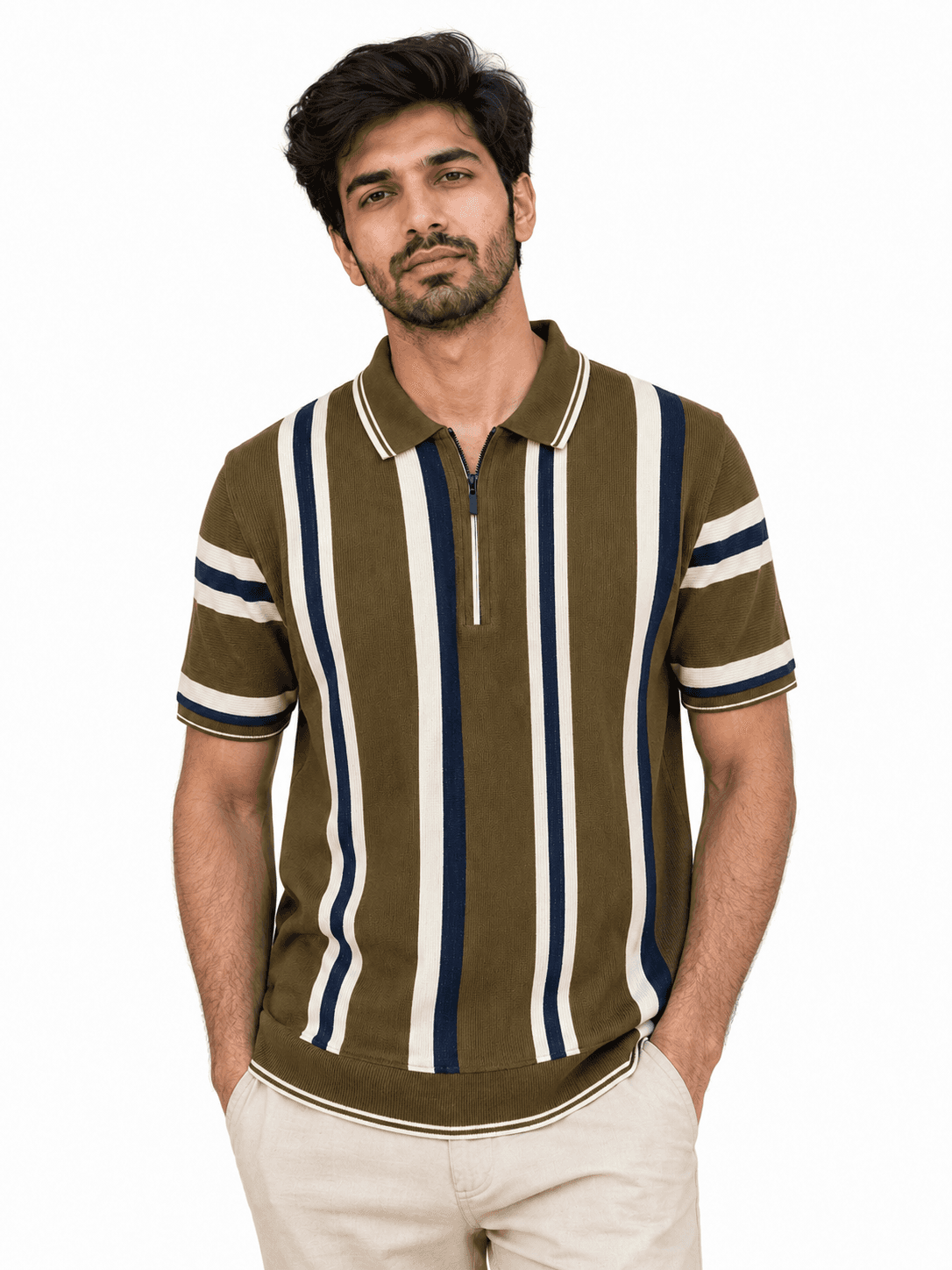 Vertical Stripe Zip-Knit Polo - Brown