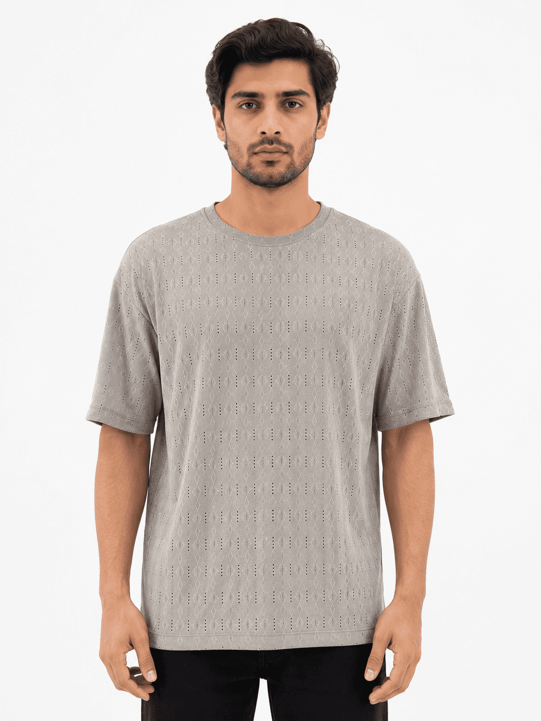 SILVER GRID OVERSIZED POLO T-SHIRT - Grey