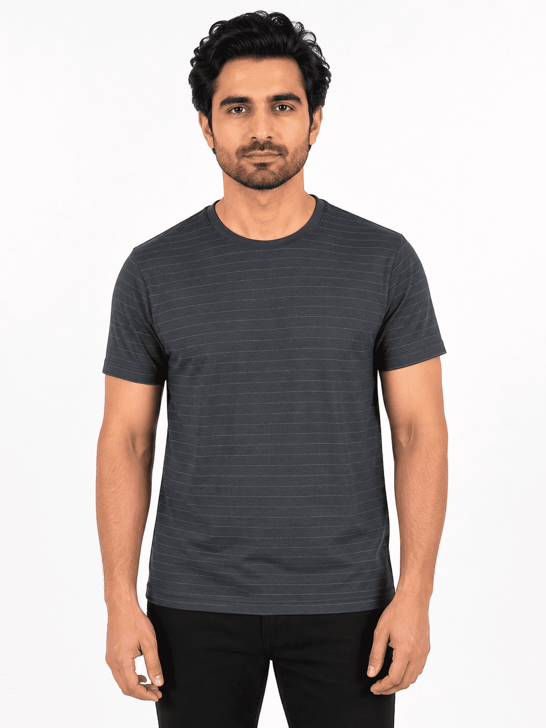 CHARCOAL PINSTRIPE OVERSIZED POLO T-SHIRT - Black